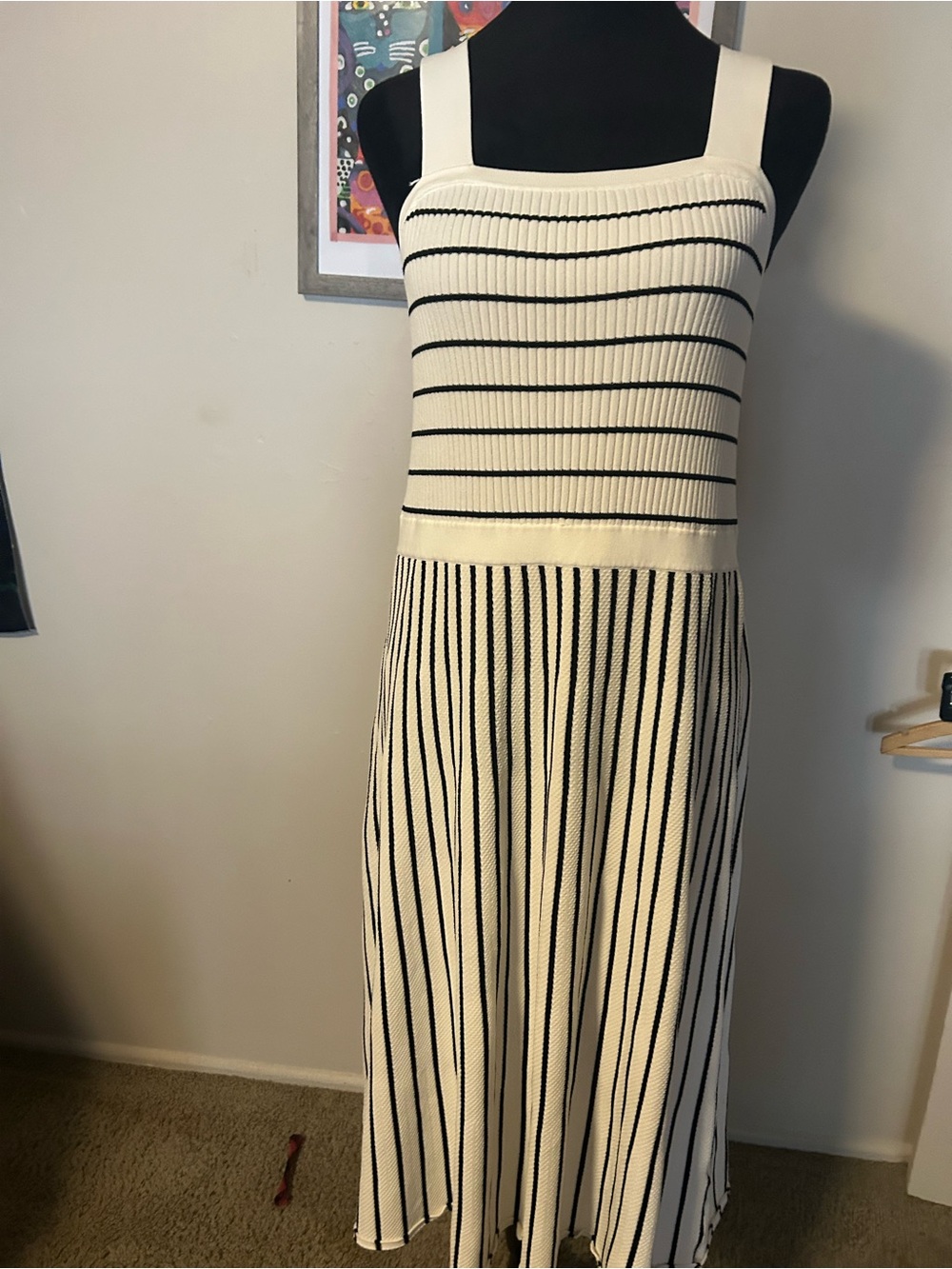 Banana Republic Cream and Black Striped Knit Midi Dress